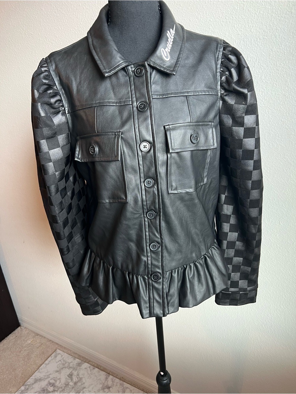 Disney Black Faux Leather Cruella De Vil Jacket with Checkered Puff Sleeves